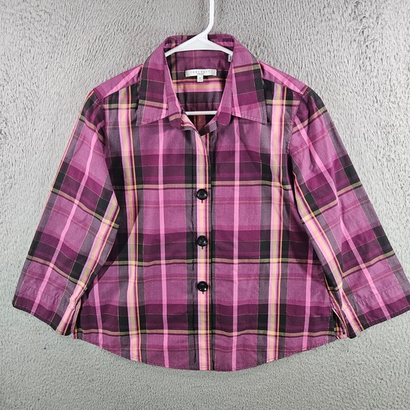 Foxcroft Tops - Foxcroft Petite 14P Purple Pink Plaid Wrinkle Free Button Up Shirt Metallic Gold
